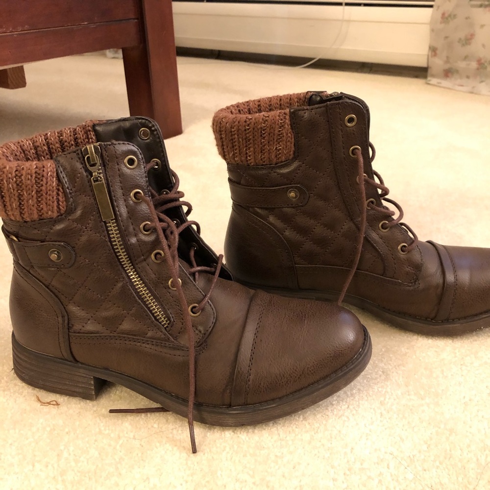 Brown combat boots, size 8.5